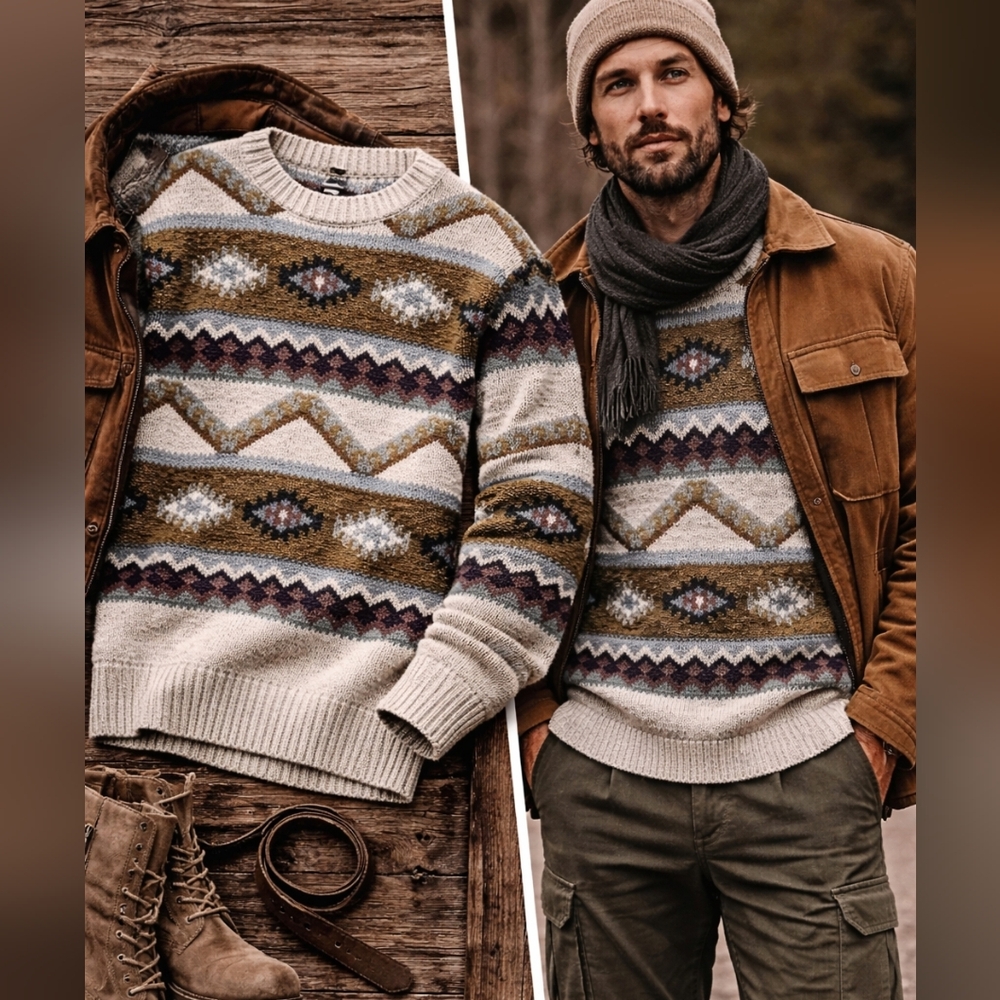 Vintage Handmade Southwestern Fair Isle Sweater Cozy Cabin Retro Outdoors